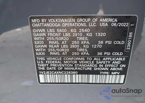 2022 Volkswagen Atlas Cross Sport 3.6L V6 Se W/Technology z USA, uszkodzony, nr VIN 1V2JE2CAXNC226380